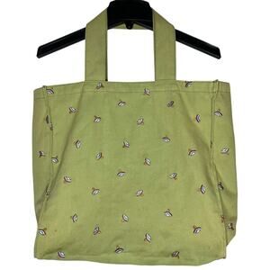 Green Embroidered Cotton Canvas Tote Bag Double Handle Large